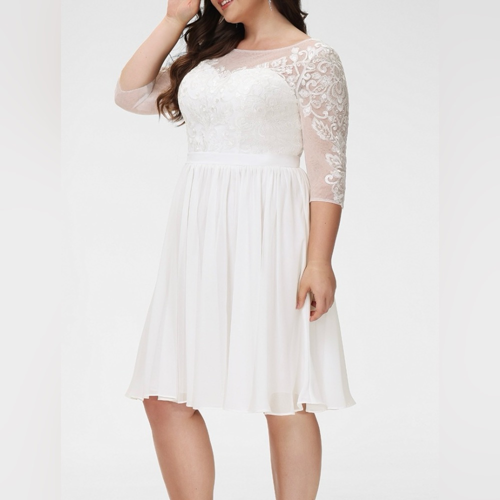JJ’s House A-line Scoop Knee-Length Lace Chiffon Wedding Dress With Sequins